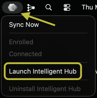 Clicking hexagon icons in macOS menu bar to launch the Hub app