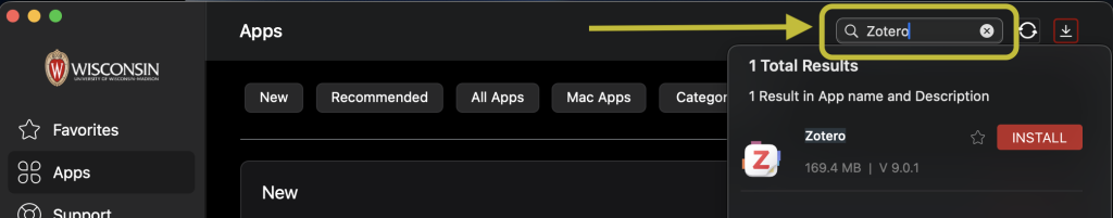 Using the search bar in the Hub app with the option to install